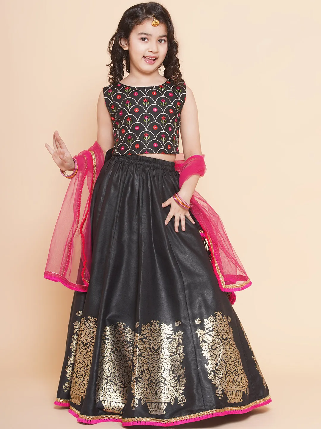 Girls Black Embroidered Choli, With Printed Lehenga Has A Dupatta