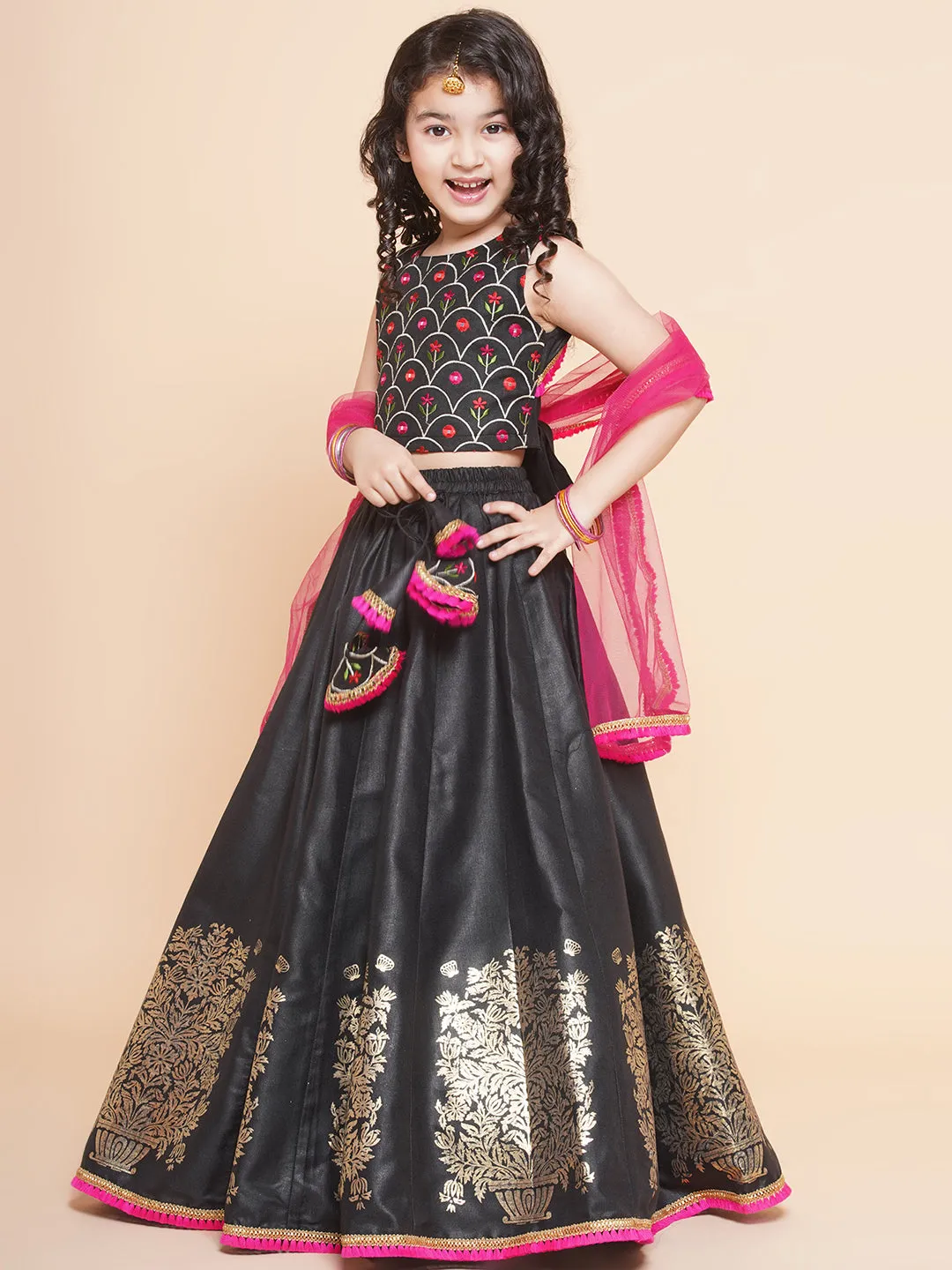 Girls Black Embroidered Choli, With Printed Lehenga Has A Dupatta