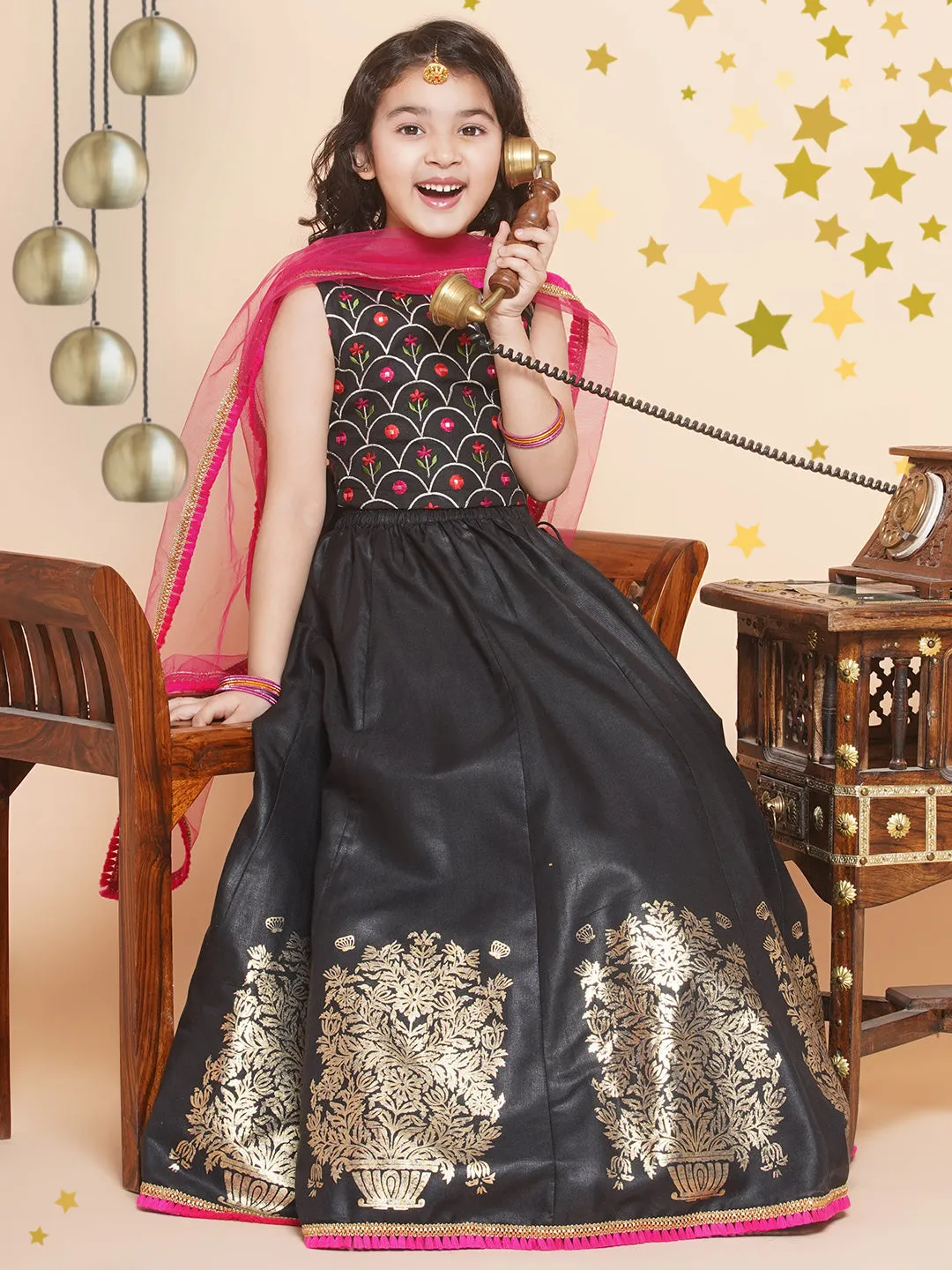Girls Black Embroidered Choli, With Printed Lehenga Has A Dupatta