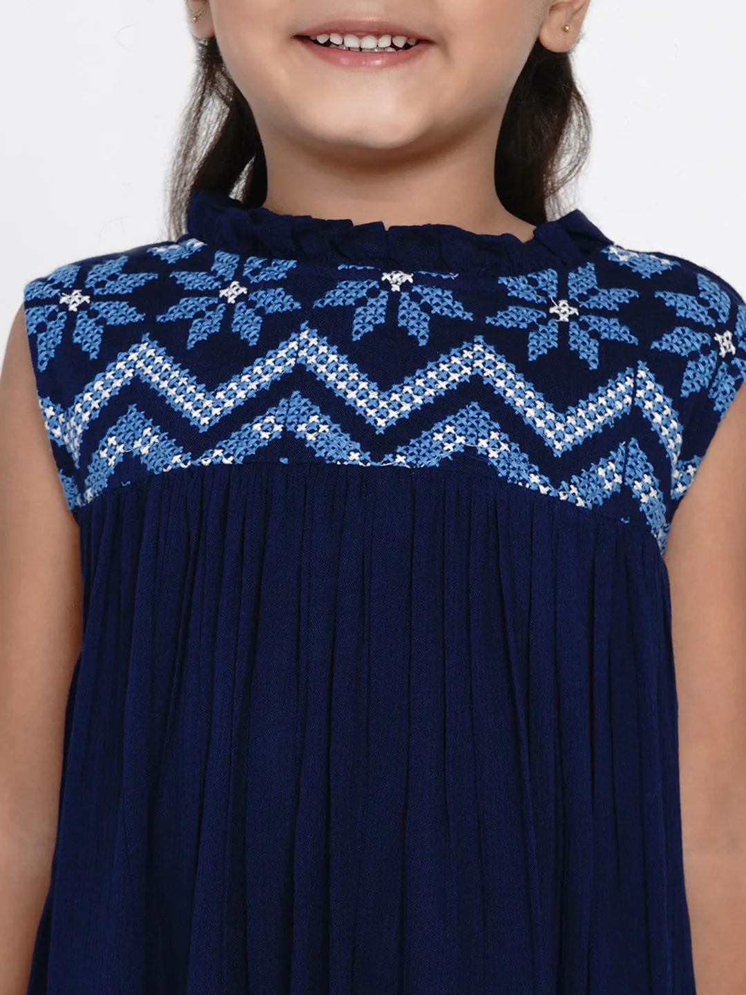 Girls Navy Blue Embroidered A-Line Dress