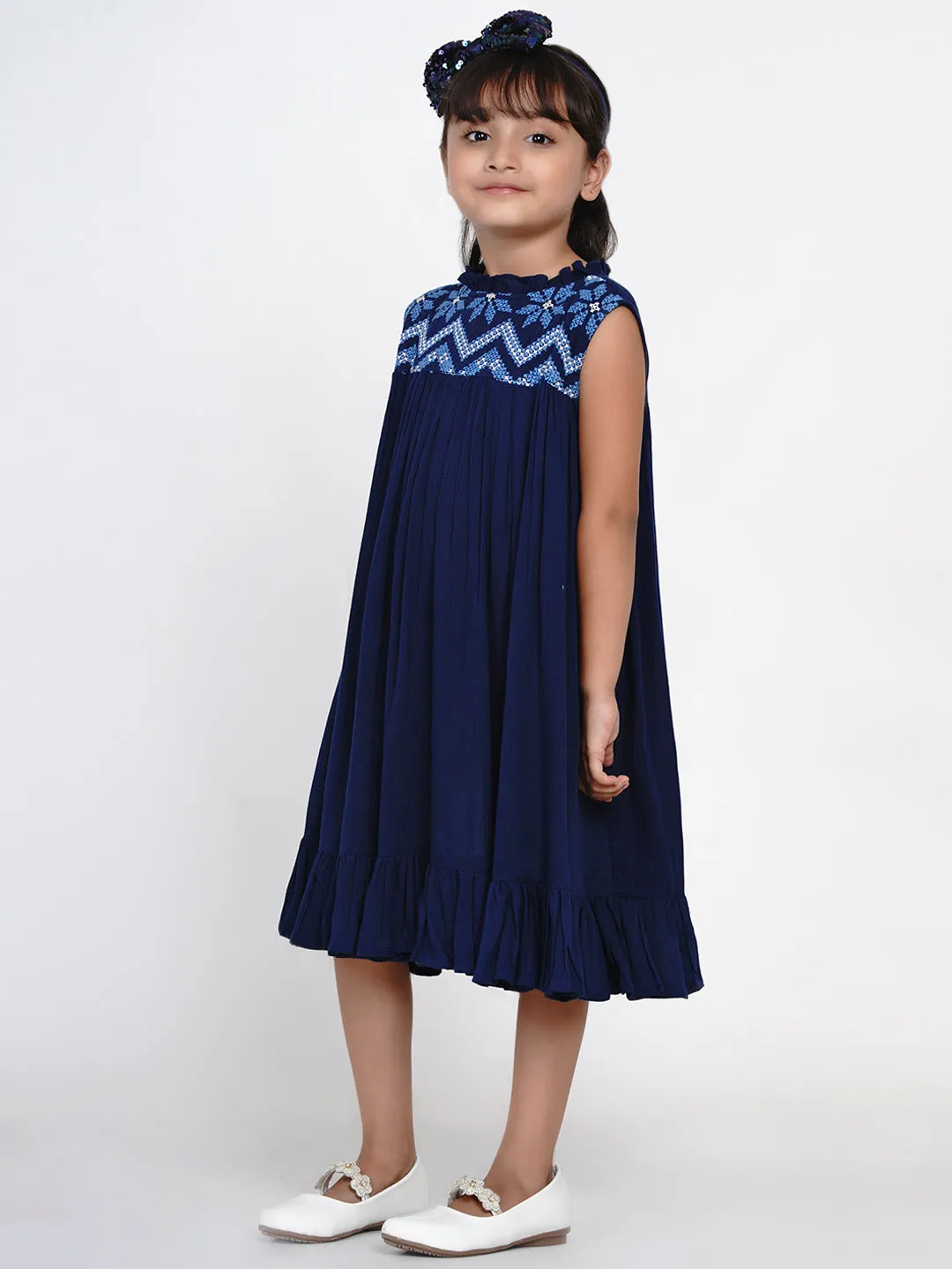 Girls Navy Blue Embroidered A-Line Dress