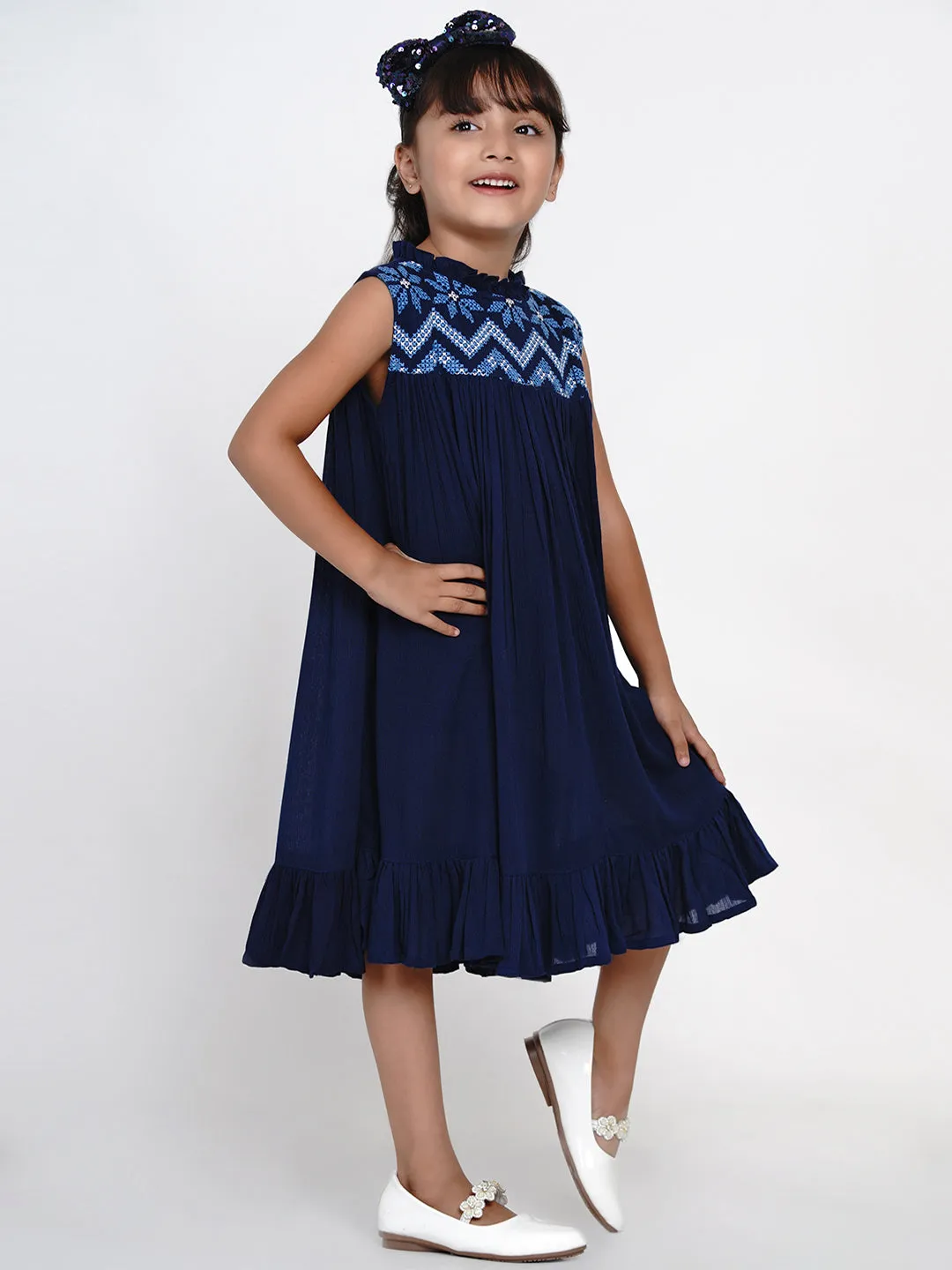 Girls Navy Blue Embroidered A-Line Dress