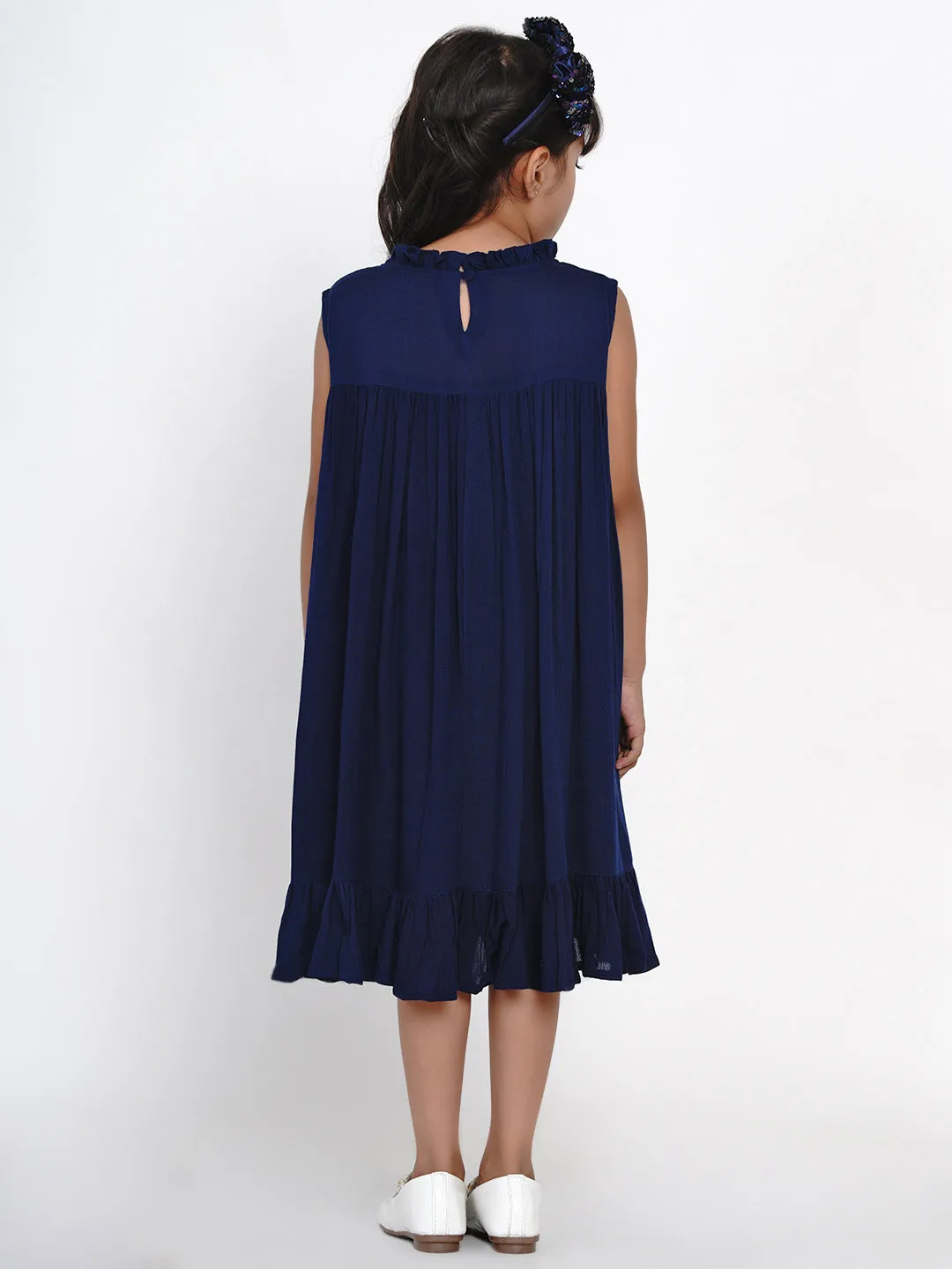 Girls Navy Blue Embroidered A-Line Dress