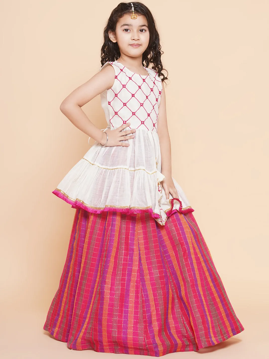 Girls Off White Mirror Embroidered Lace Work Choli With Multi Color Woven Lehenga - Bitiya By Bhama