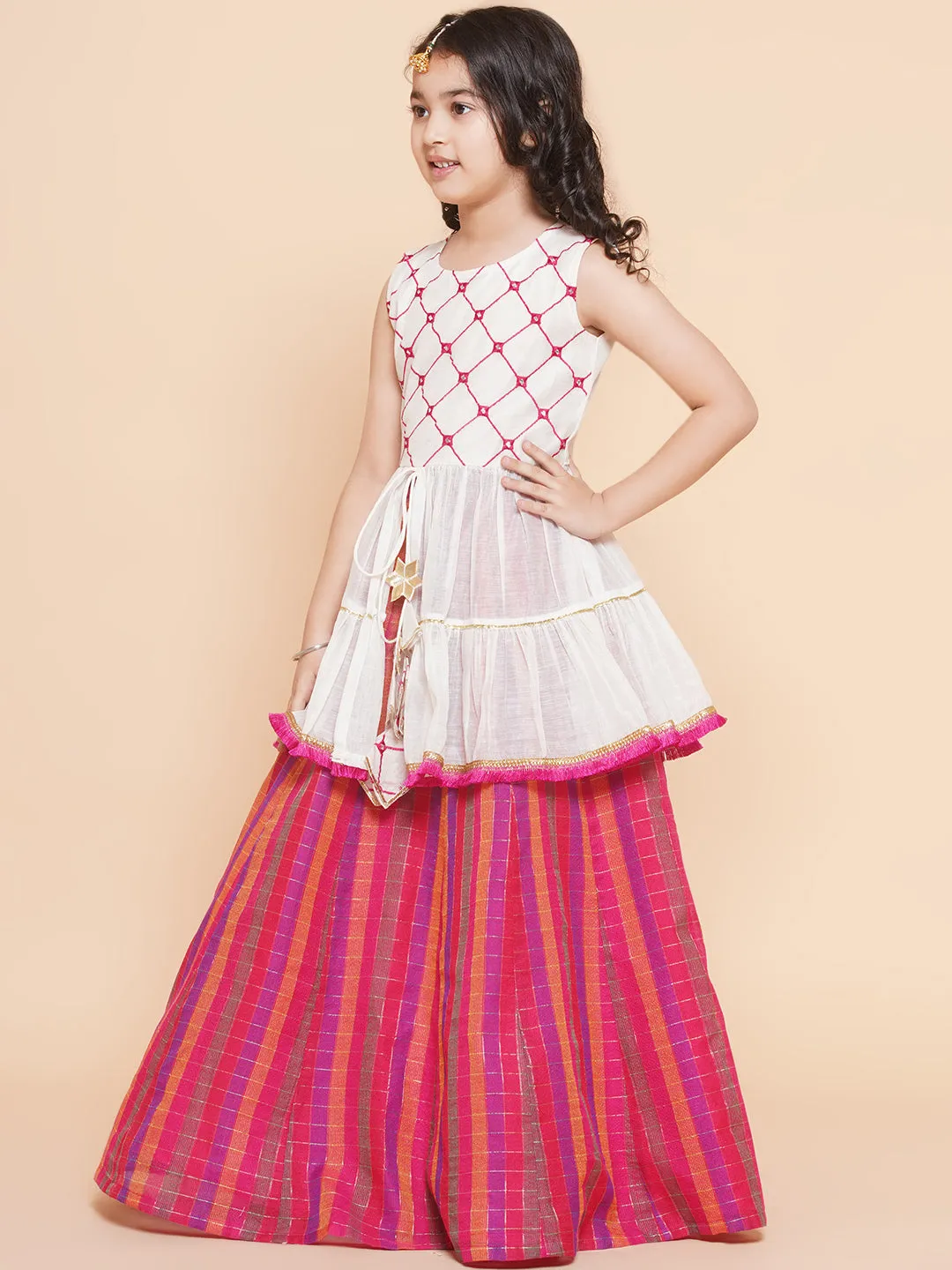 Girls Off White Mirror Embroidered Lace Work Choli With Multi Color Woven Lehenga - Bitiya By Bhama