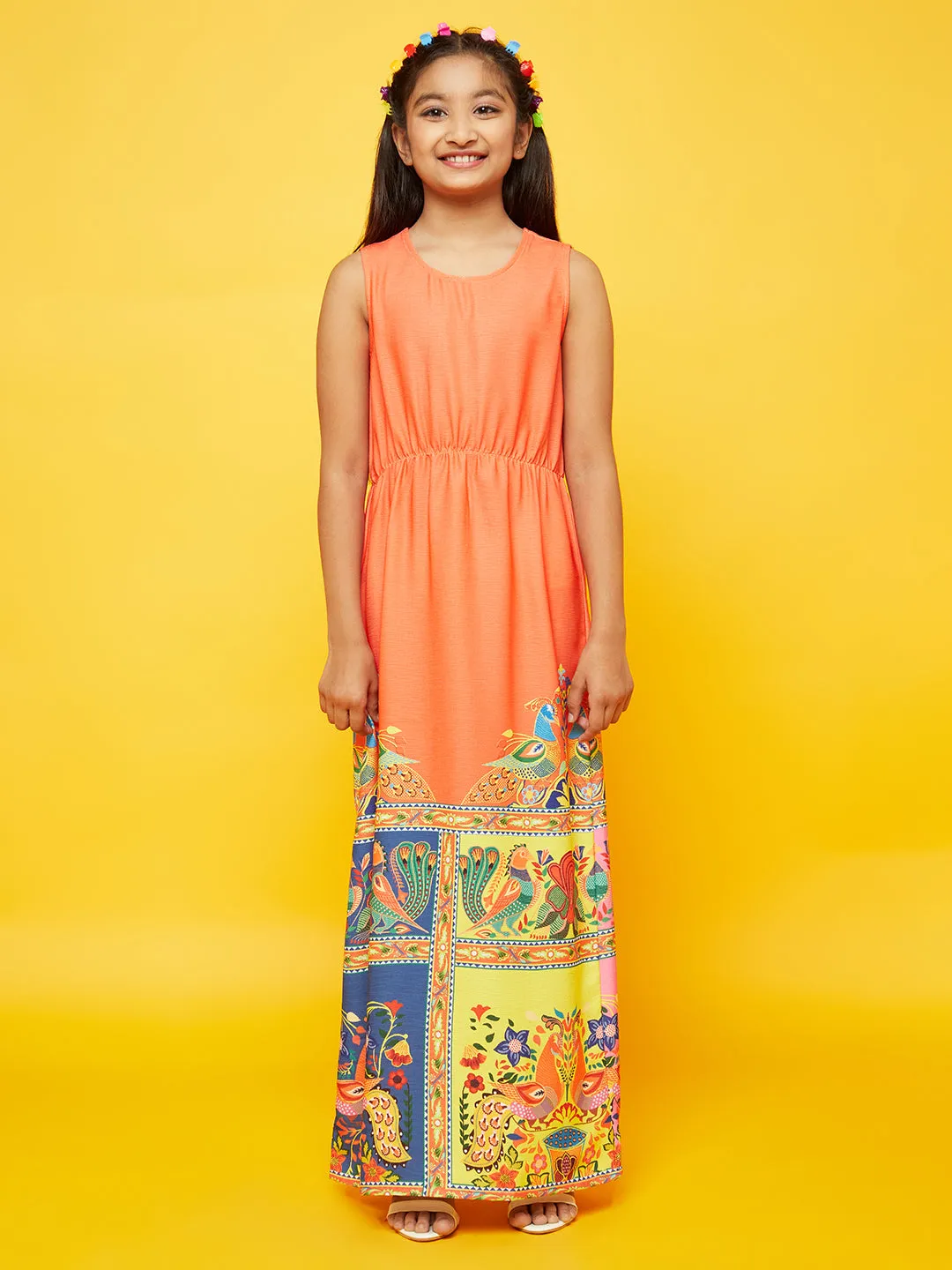 Girl's Orange Printed Flared Dress - Aks Girls