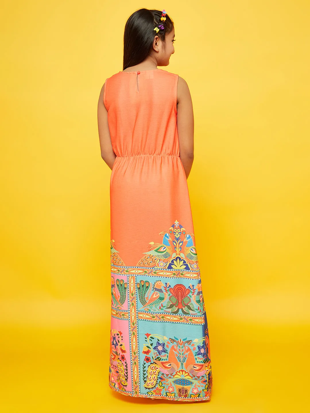 Girl's Orange Printed Flared Dress - Aks Girls