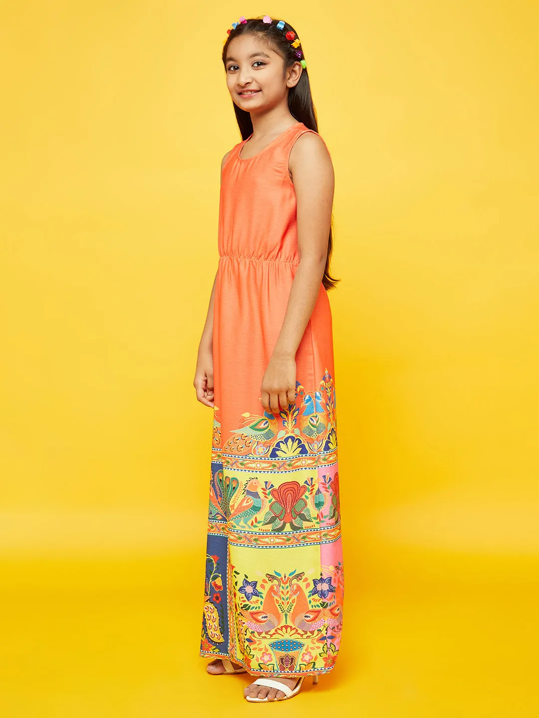 Girl's Orange Printed Flared Dress - Aks Girls