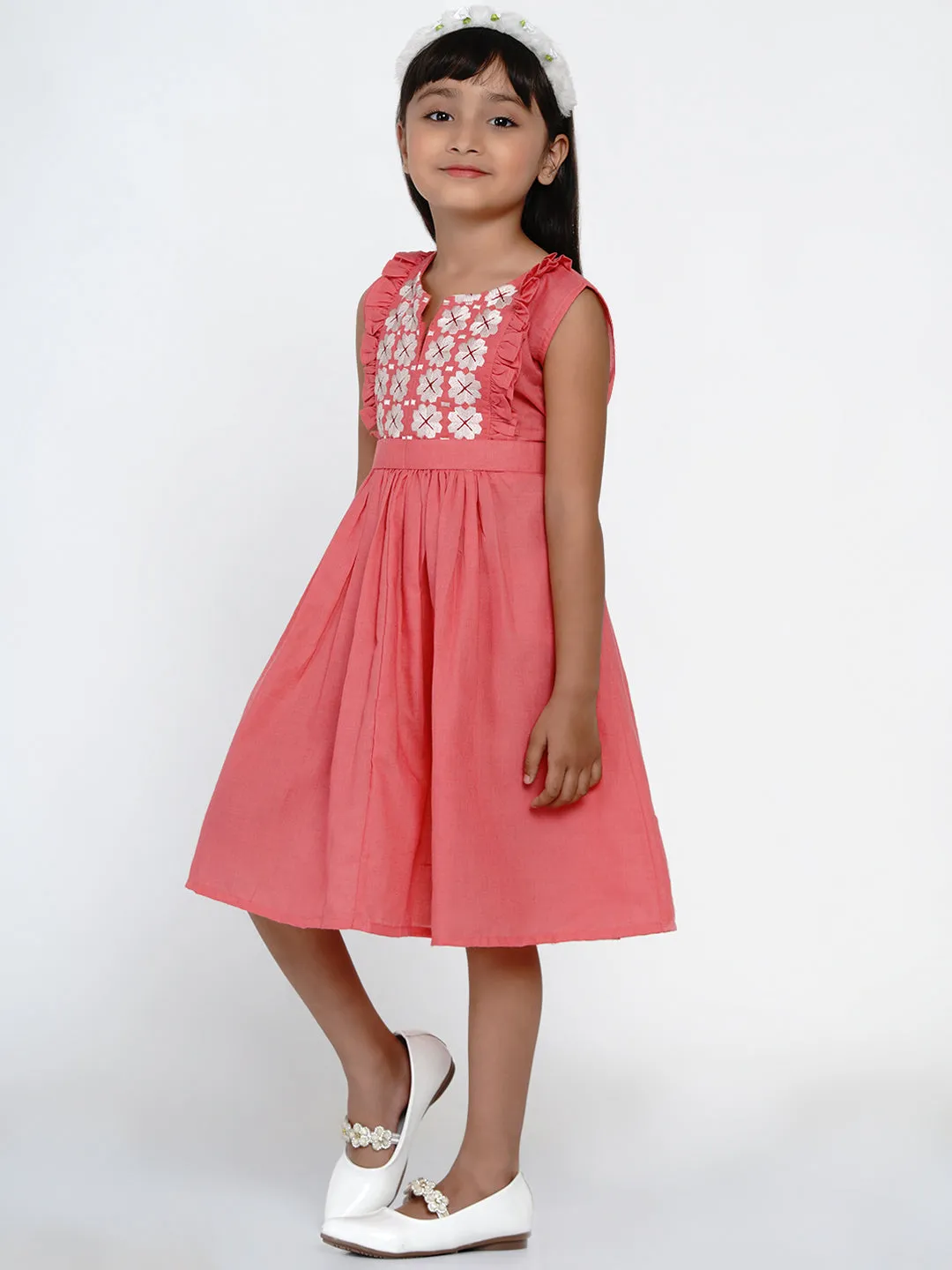 Girl's Peach-Coloured Embroidered Fit And Flare Dress - Bitiya By Bhama