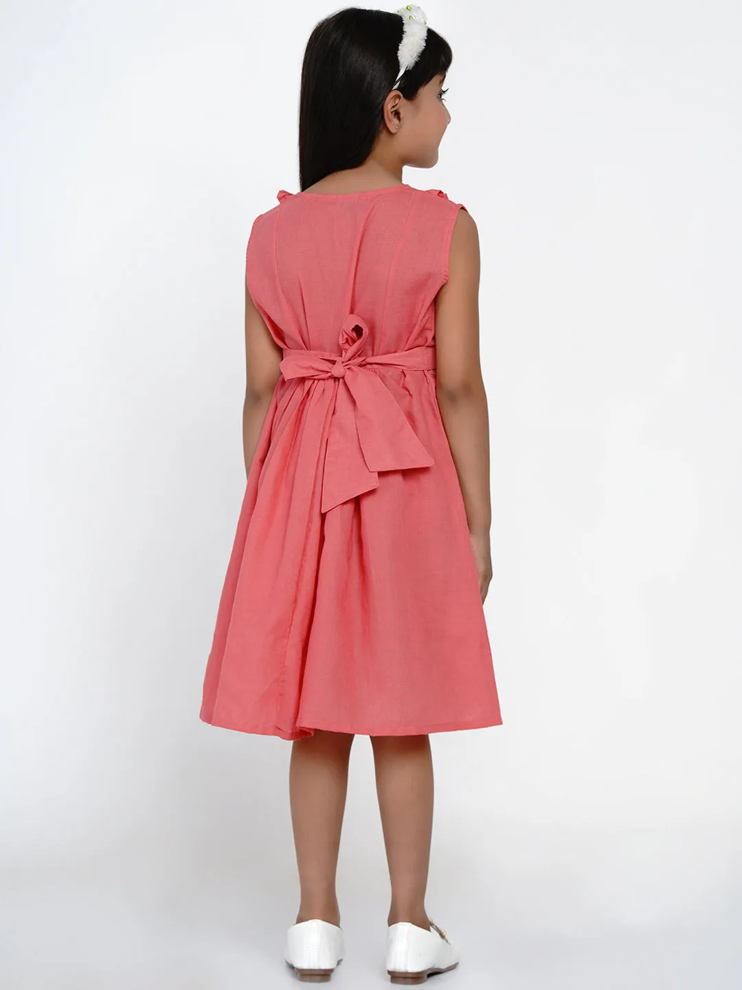 Girl's Peach-Coloured Embroidered Fit And Flare Dress - Bitiya By Bhama