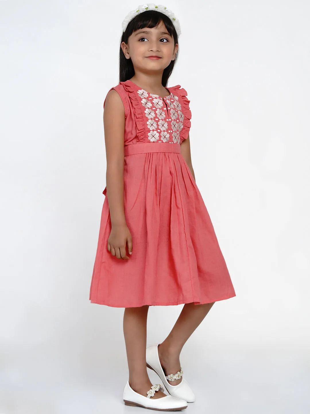 Girl's Peach-Coloured Embroidered Fit And Flare Dress - Bitiya By Bhama
