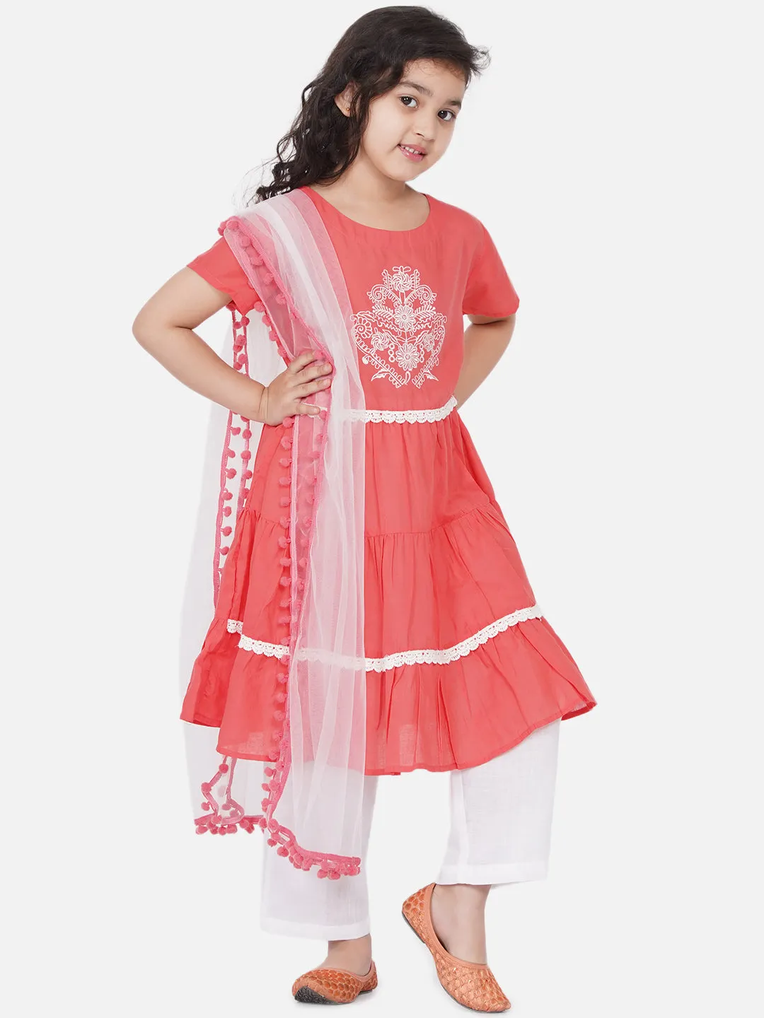 Girl's Peach Kurta And Trouser With Dupatta - Bitiya By Bhama