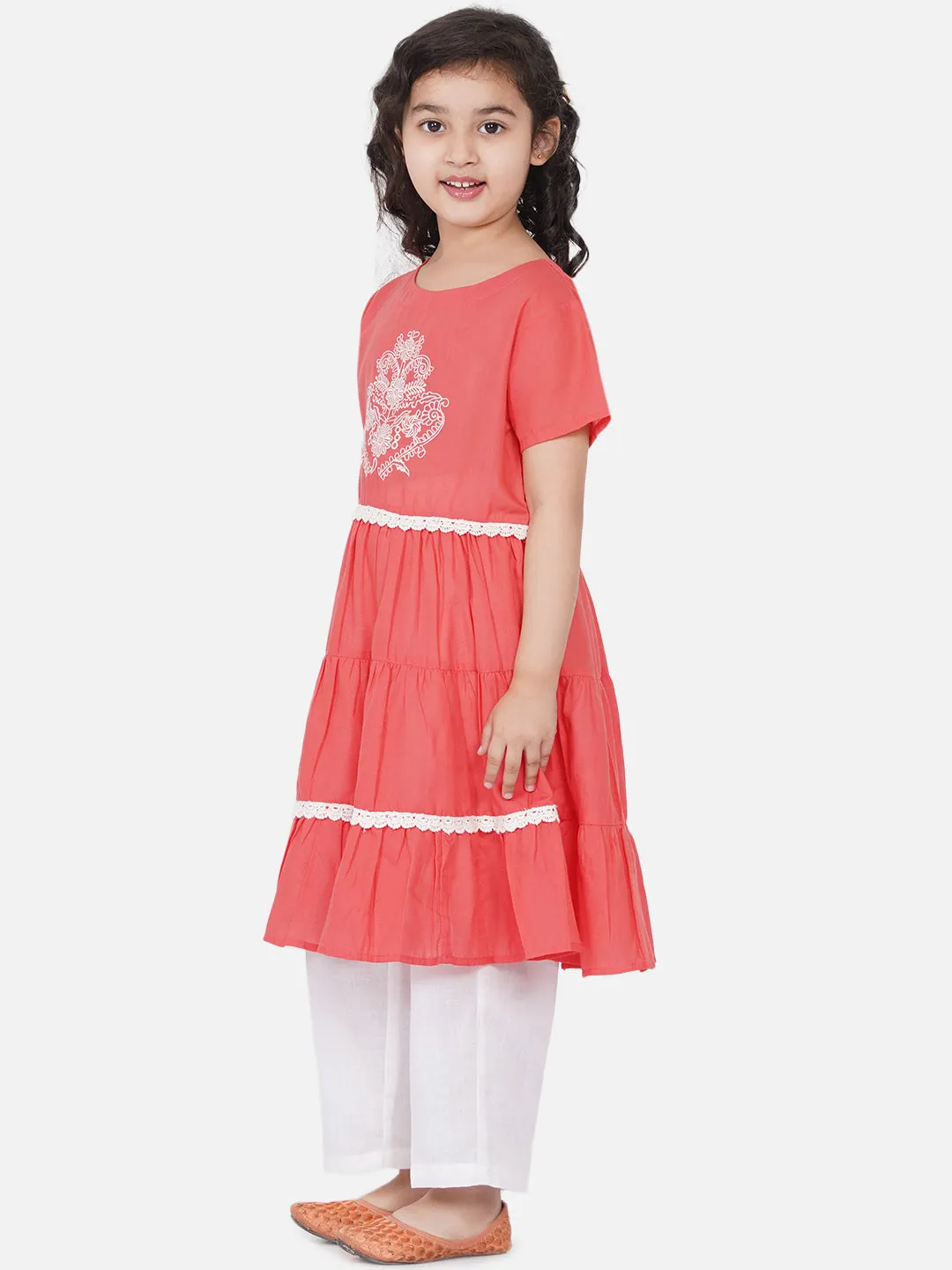 Girl's Peach Kurta And Trouser With Dupatta - Bitiya By Bhama