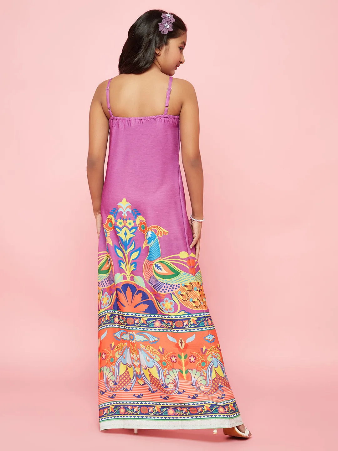 Girl's Purple Abstract Print Side Slit Maxi Dress - Aks Girls