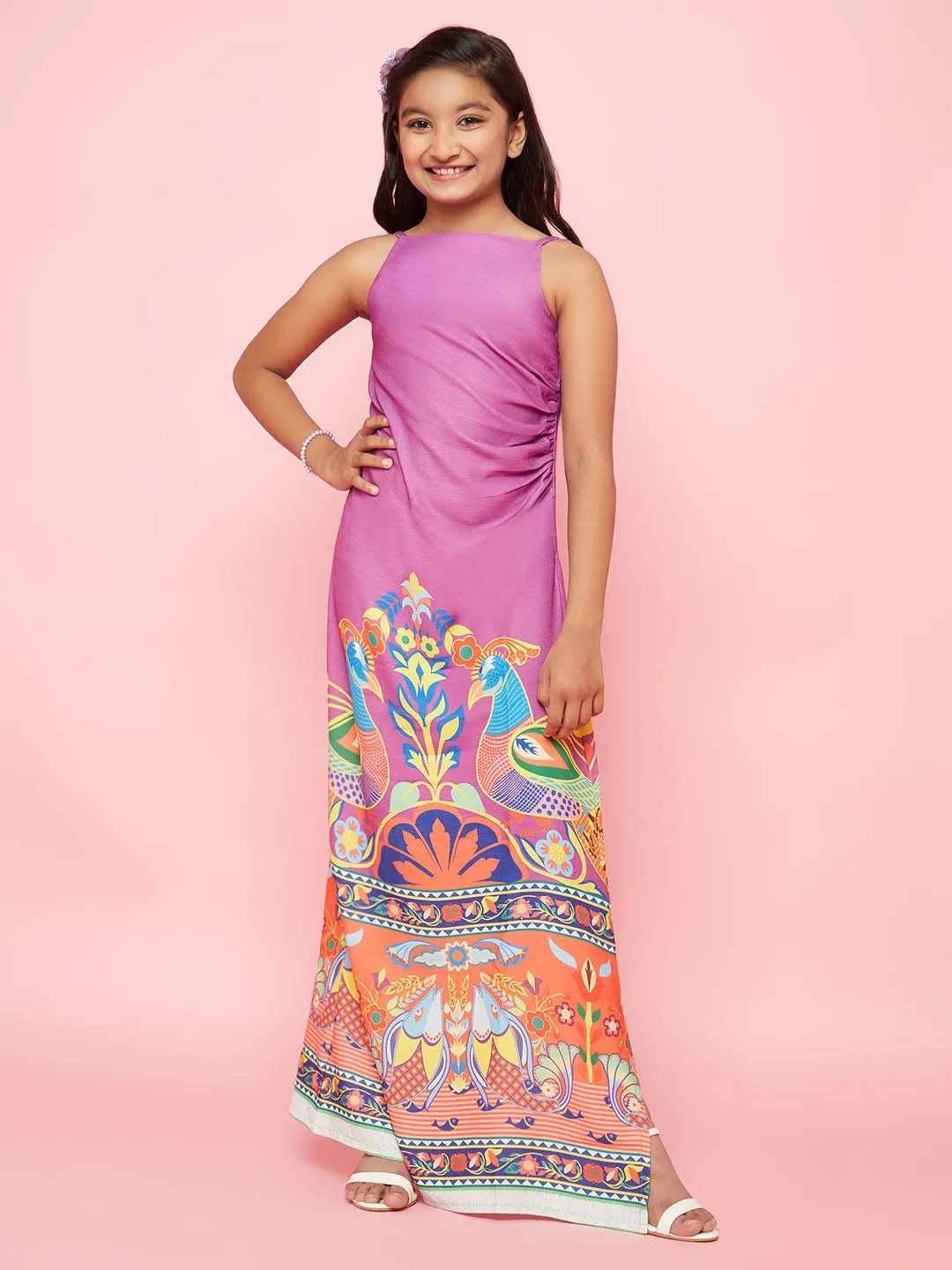 Girl's Purple Abstract Print Side Slit Maxi Dress - Aks Girls