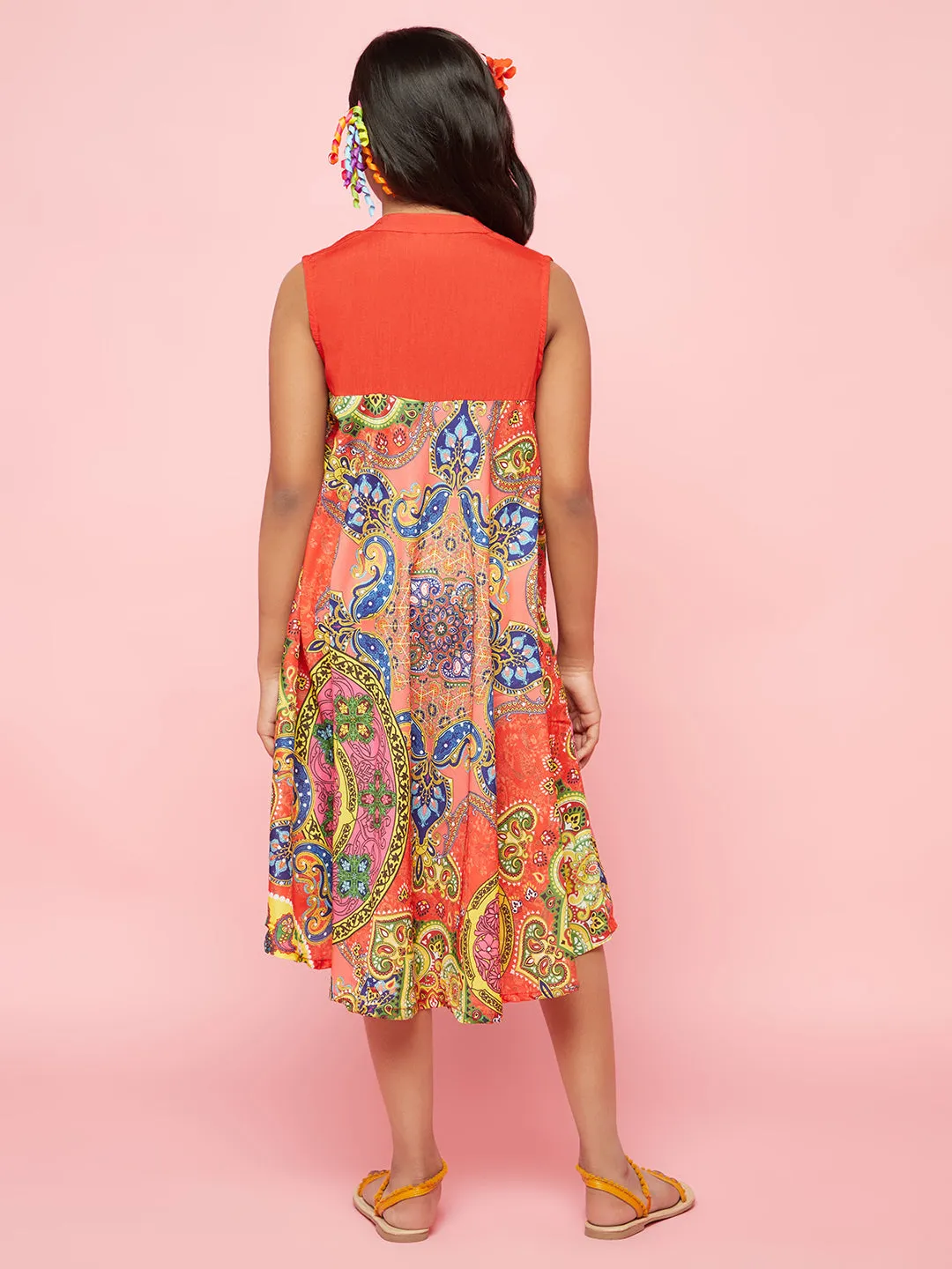 Girl's Red Printed A-Line Dress - Aks Girls