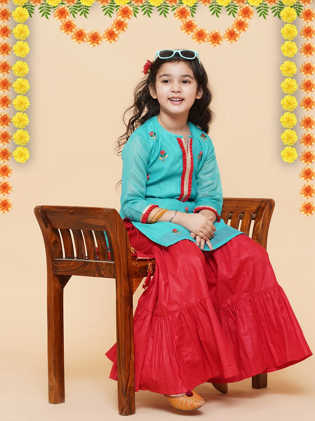 Girl's Sea Green Embroidered Kurti With Sharara  - Bitiya By Bhama
