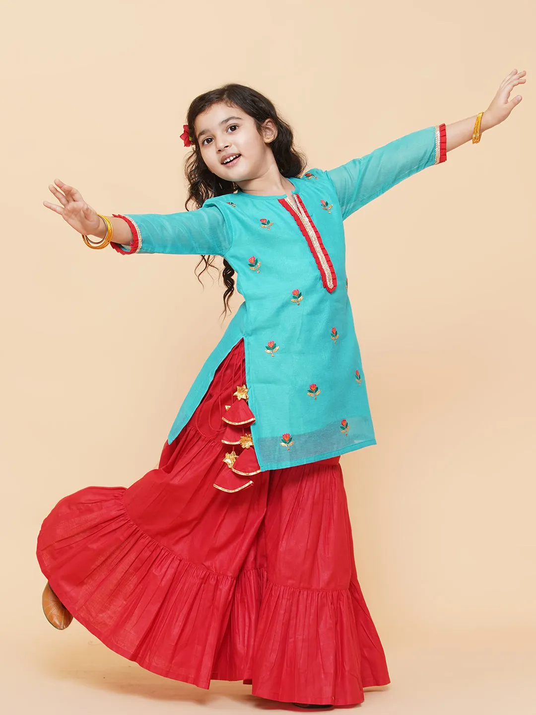 Girl's Sea Green Embroidered Kurti With Sharara  - Bitiya By Bhama