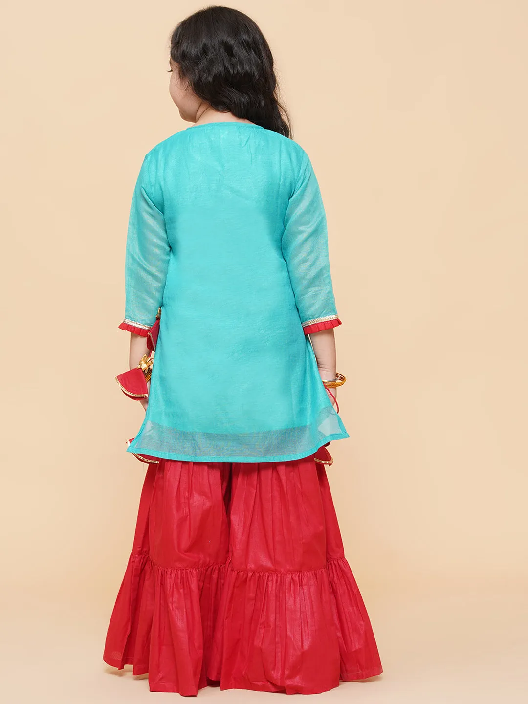 Girl's Sea Green Embroidered Kurti With Sharara  - Bitiya By Bhama