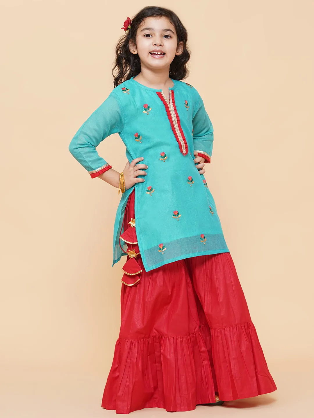 Girl's Sea Green Embroidered Kurti With Sharara  - Bitiya By Bhama
