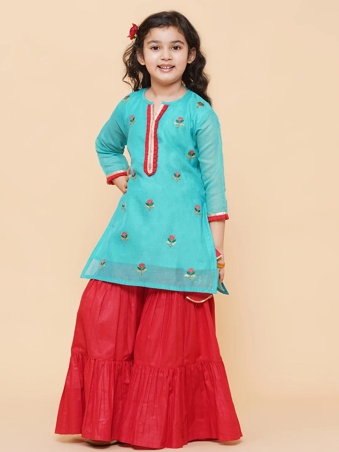 Girl's Sea Green Embroidered Kurti With Sharara  - Bitiya By Bhama