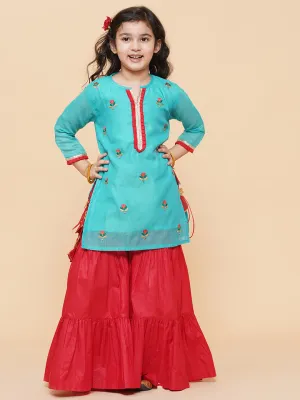 Girl's Sea Green Embroidered Kurti With Sharara  - Bitiya By Bhama