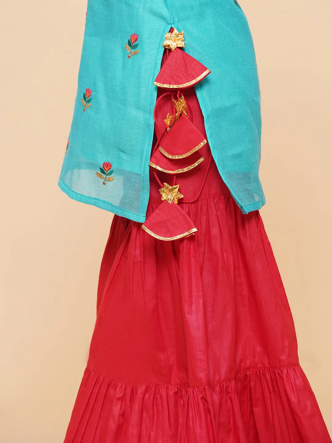 Girl's Sea Green Embroidered Kurti With Sharara  - Bitiya By Bhama
