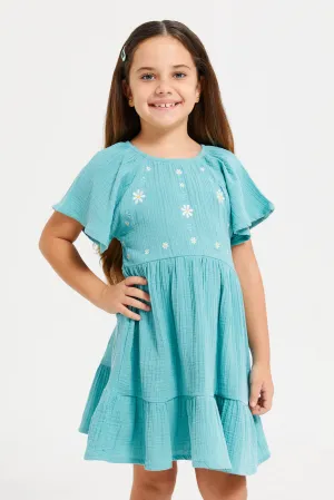 Girls Teal Embroidered Dress With Lace In Sleeves