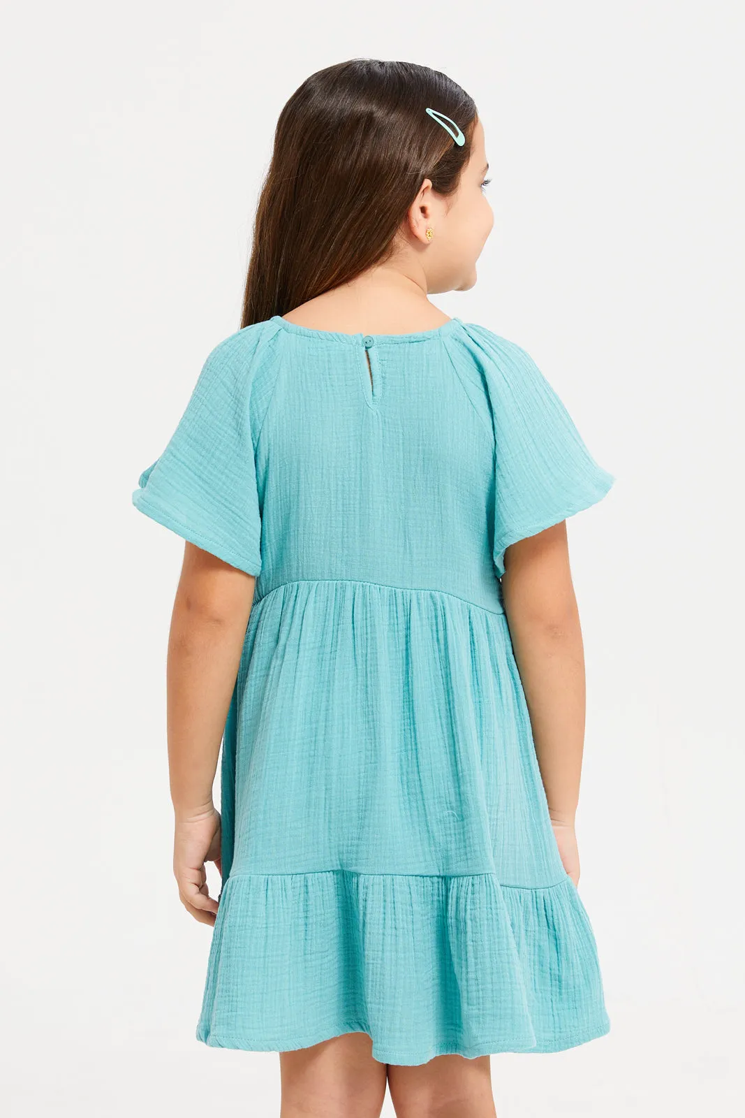 Girls Teal Embroidered Dress With Lace In Sleeves
