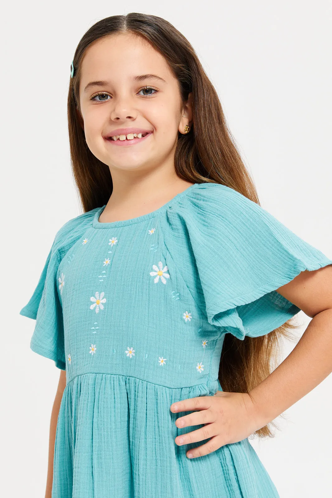 Girls Teal Embroidered Dress With Lace In Sleeves