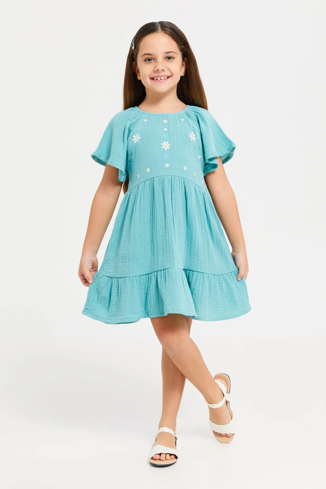Girls Teal Embroidered Dress With Lace In Sleeves