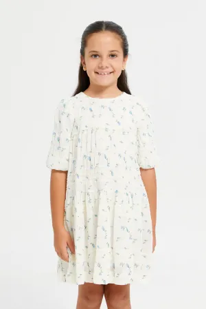 Girls White And Green Embroidered Chiffon Dress