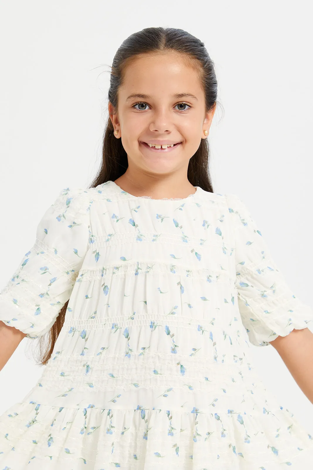Girls White And Green Embroidered Chiffon Dress