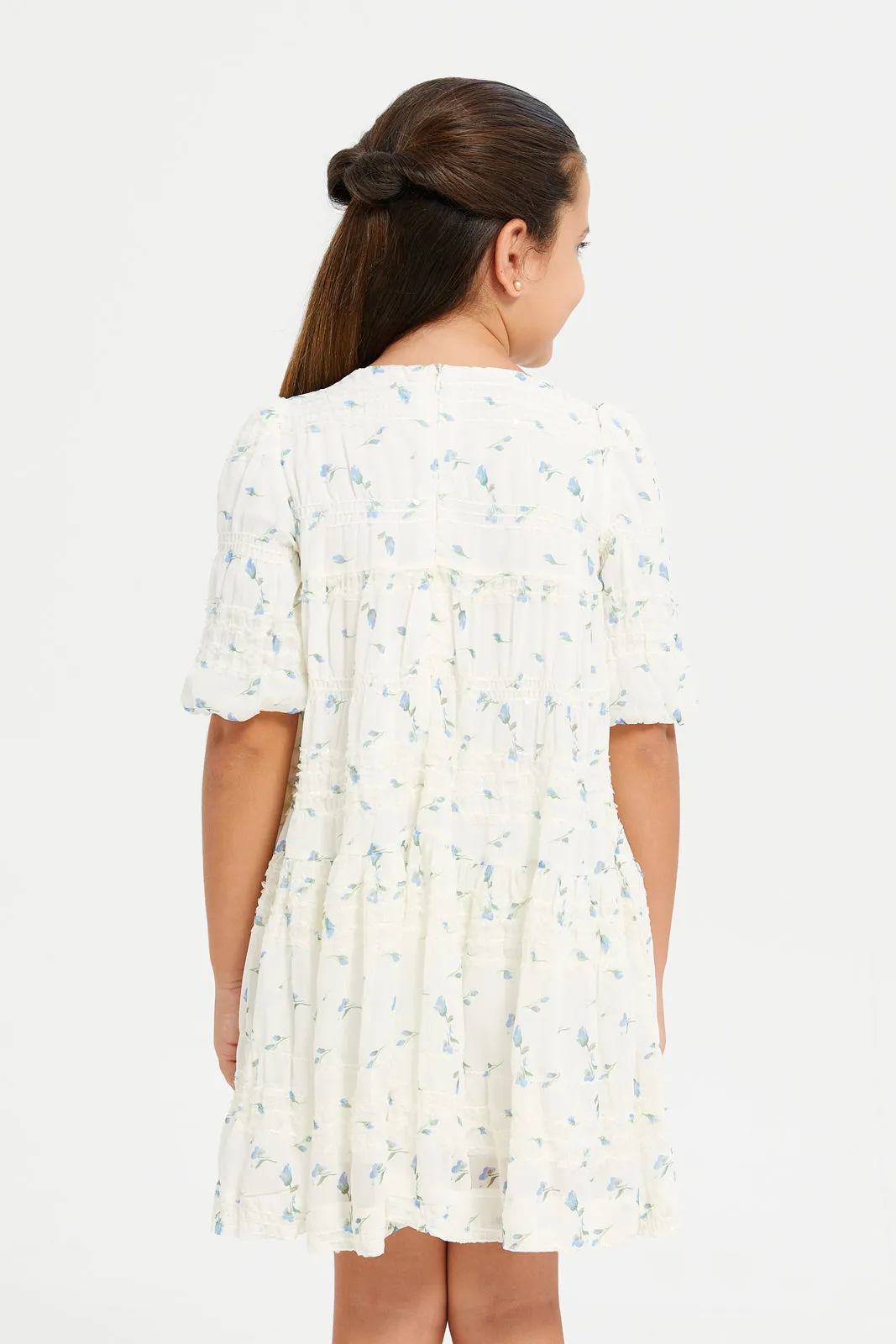 Girls White And Green Embroidered Chiffon Dress