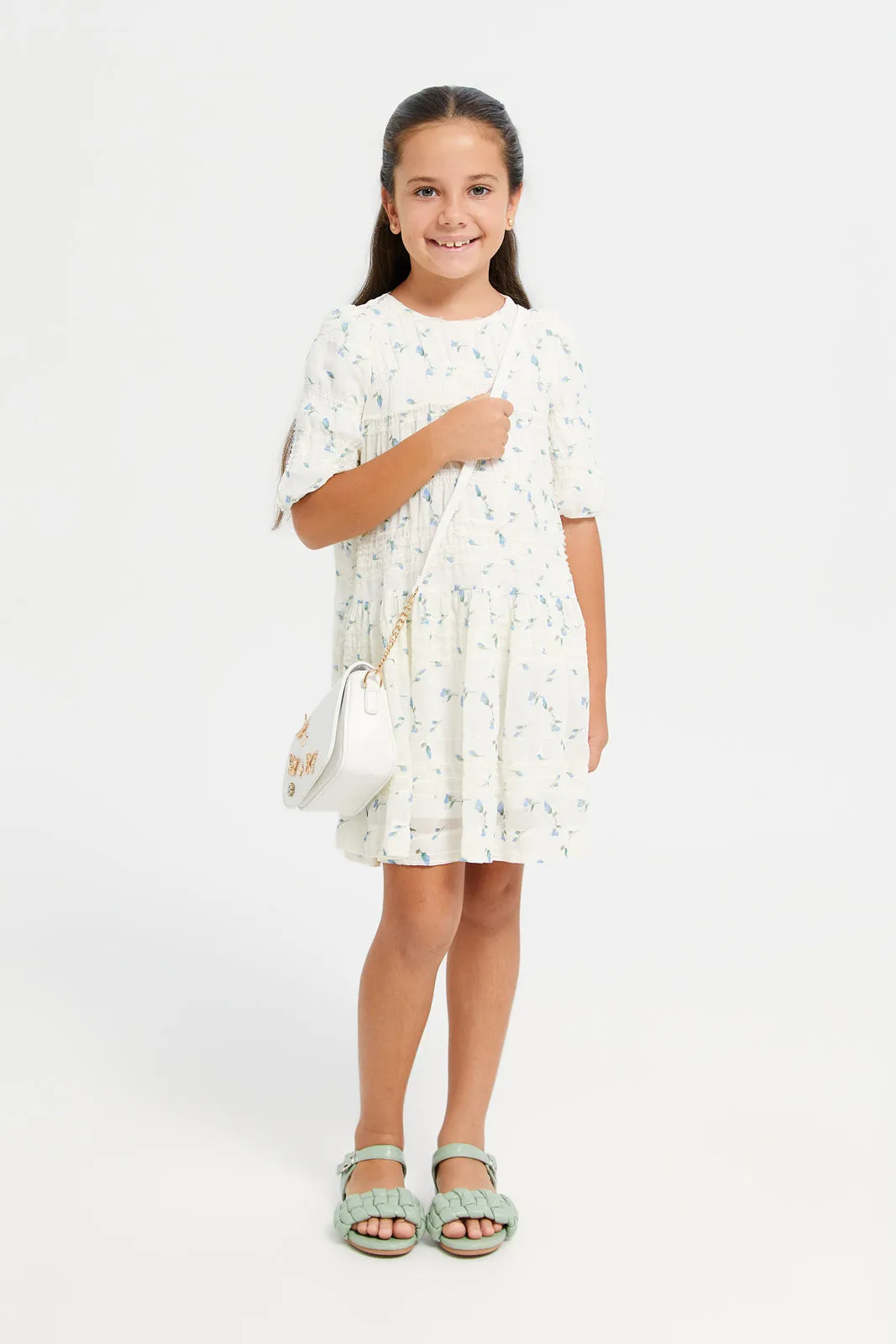 Girls White And Green Embroidered Chiffon Dress