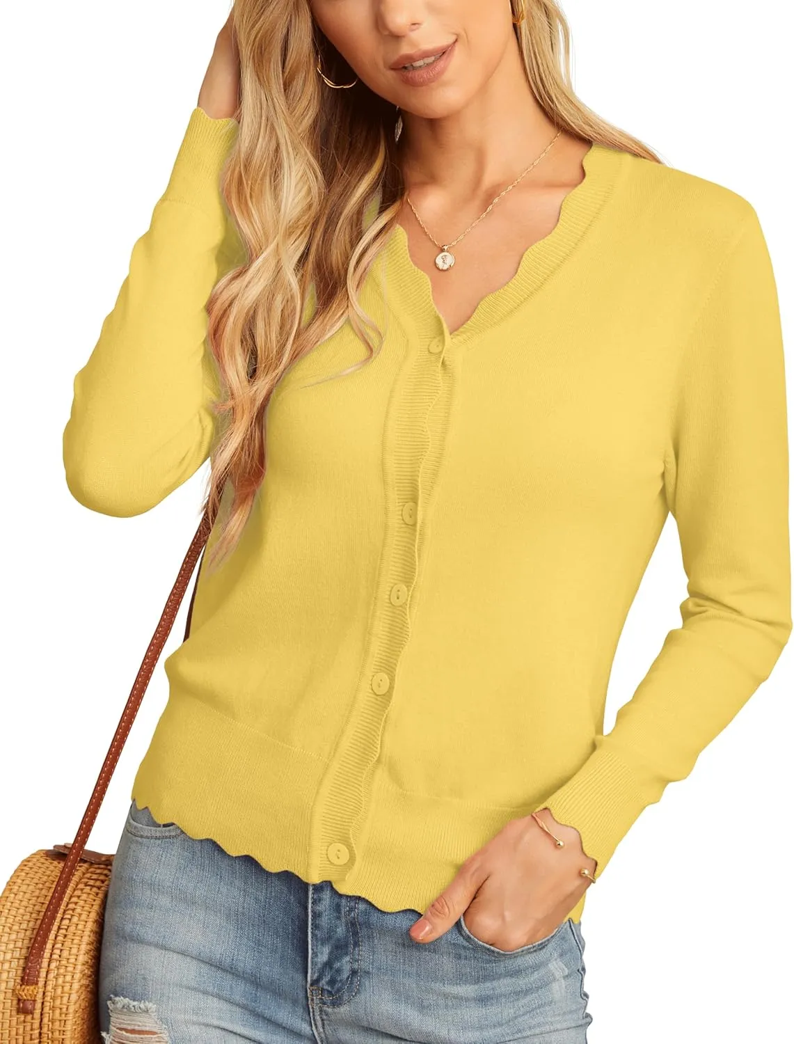 GRECERELLE Women's Long Sleeve V-Neck Button Down Cardigan Knit Shrugs Sweater