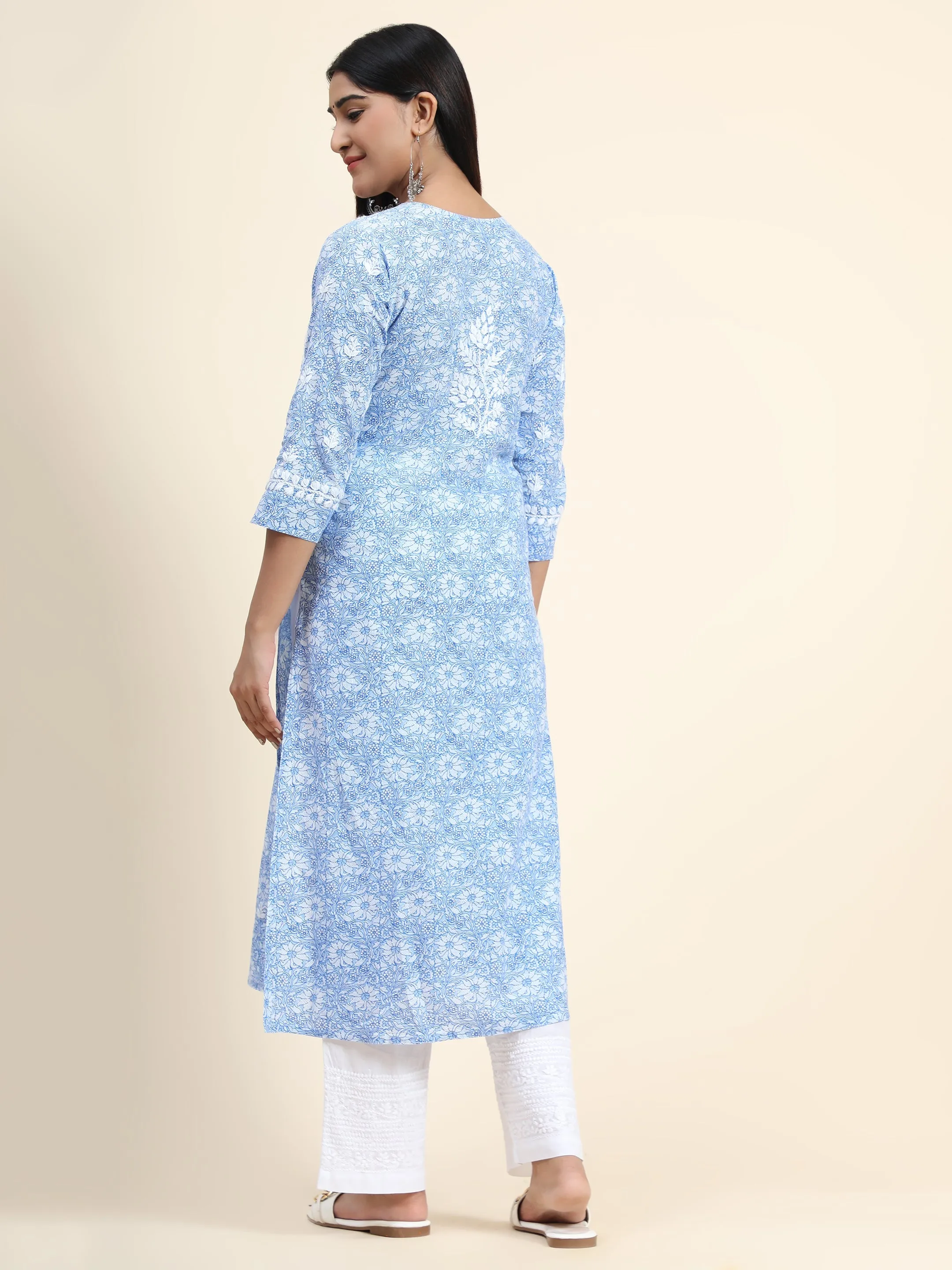 Hand embroidery Chikankari Long Kurta- Printed White