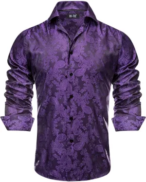 Hi-Tie Mens Dress Shirts Wrinkle Free Inner Contrast Jacquard Long Sleeve Casual Button Down Shirt Business Party Wedding