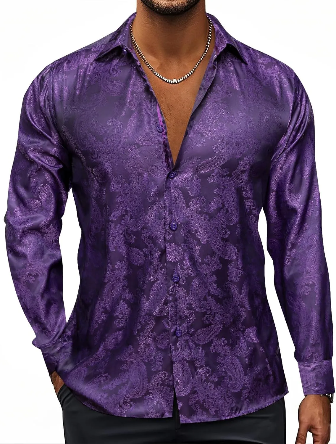 Hi-Tie Mens Dress Shirts Wrinkle Free Inner Contrast Jacquard Long Sleeve Casual Button Down Shirt Business Party Wedding