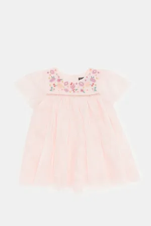 Infant Girls Pink Embroidered Yoke Dress