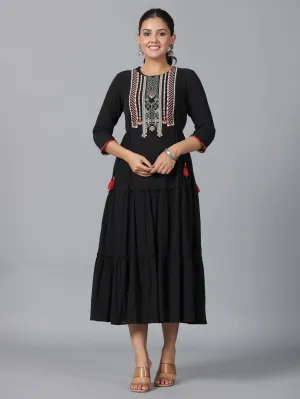 Jashvi Black Cotton Crepe Tiered Maxi Dress With Thread Embroidery