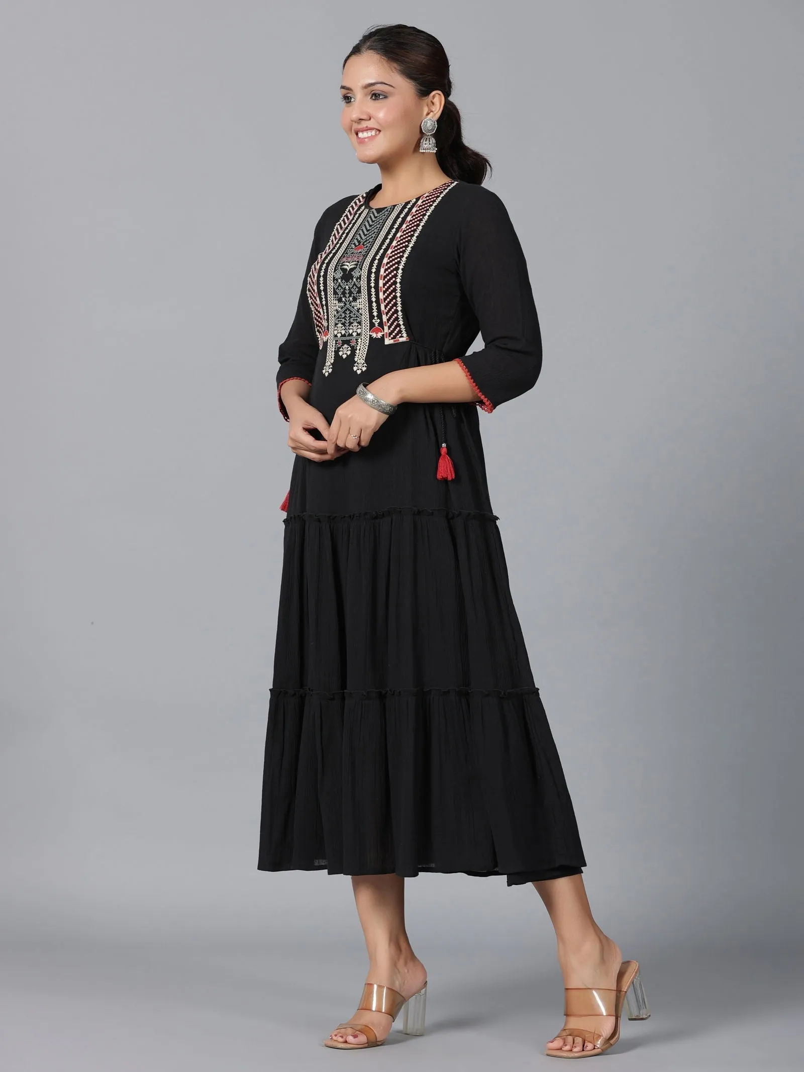 Jashvi Black Cotton Crepe Tiered Maxi Dress With Thread Embroidery