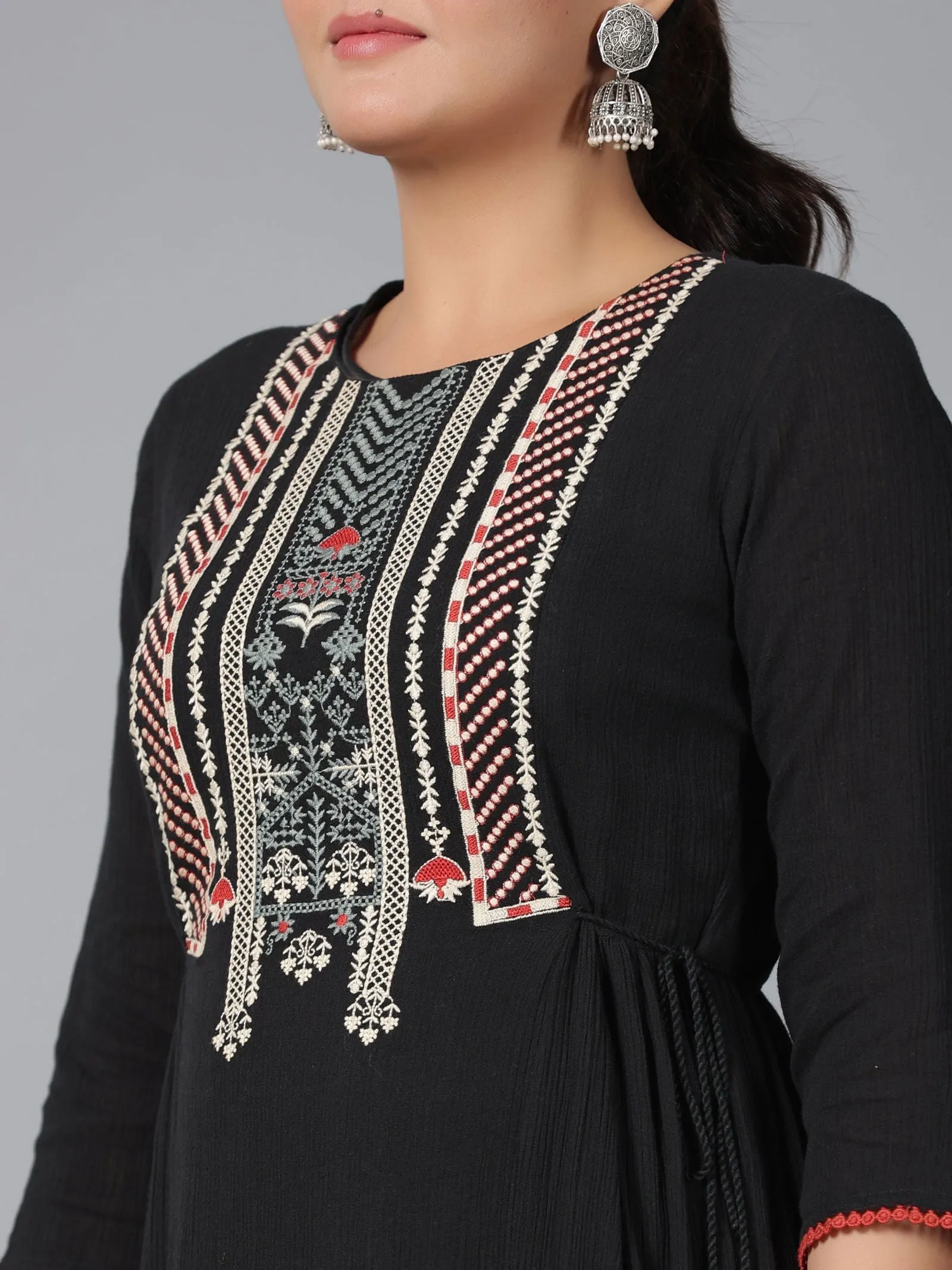 Jashvi Black Cotton Crepe Tiered Maxi Dress With Thread Embroidery