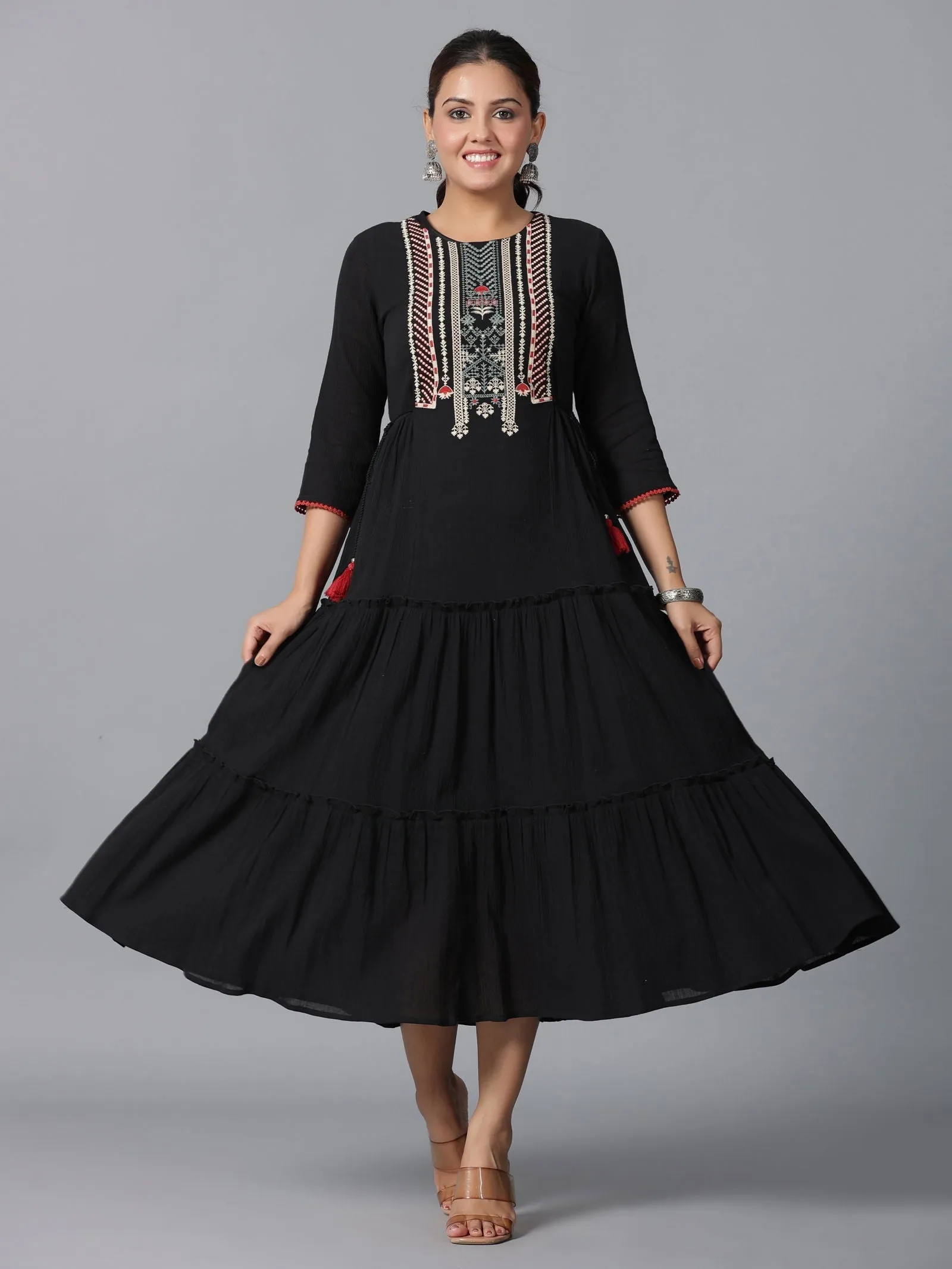 Jashvi Black Cotton Crepe Tiered Maxi Dress With Thread Embroidery