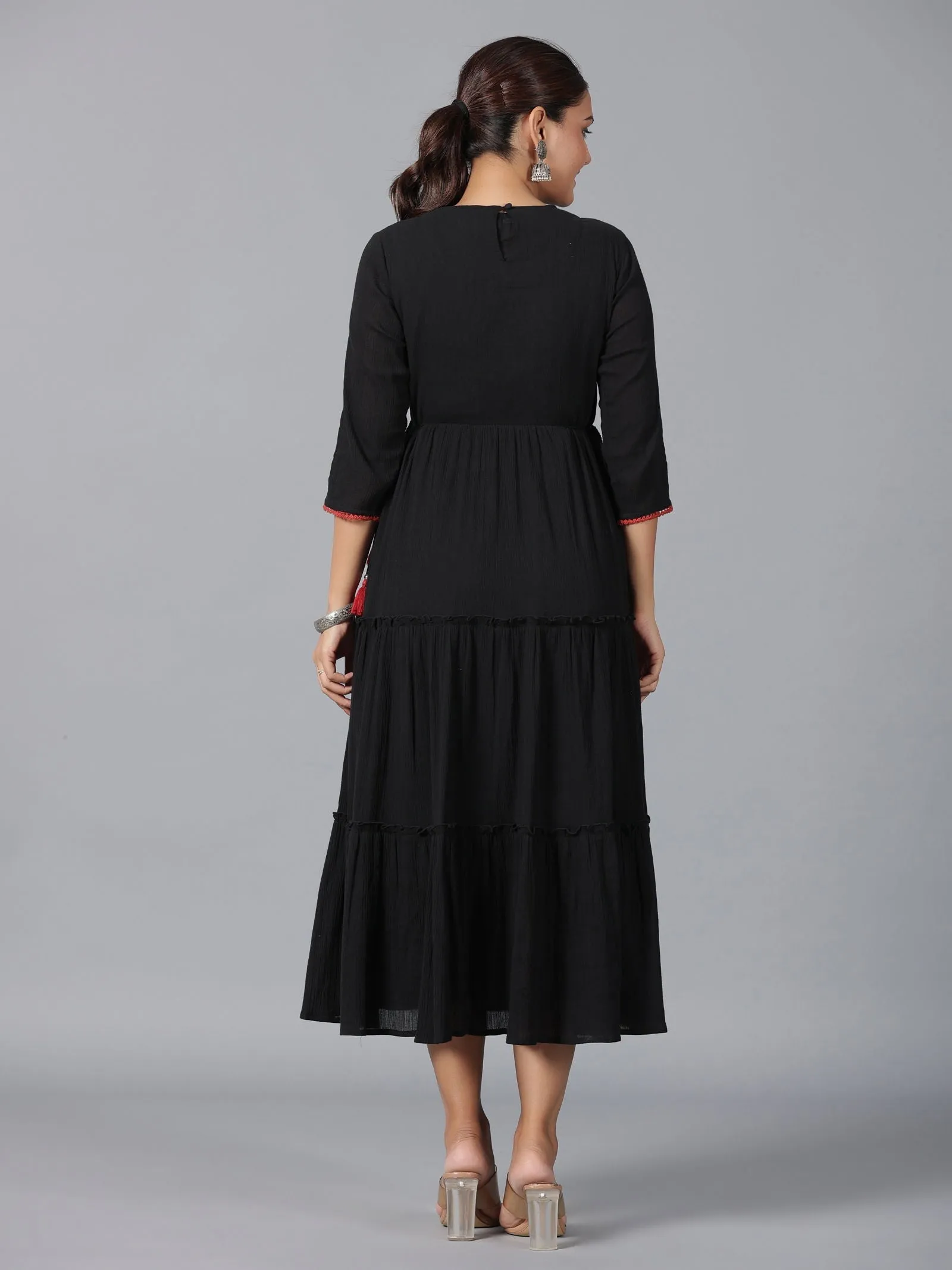 Jashvi Black Cotton Crepe Tiered Maxi Dress With Thread Embroidery