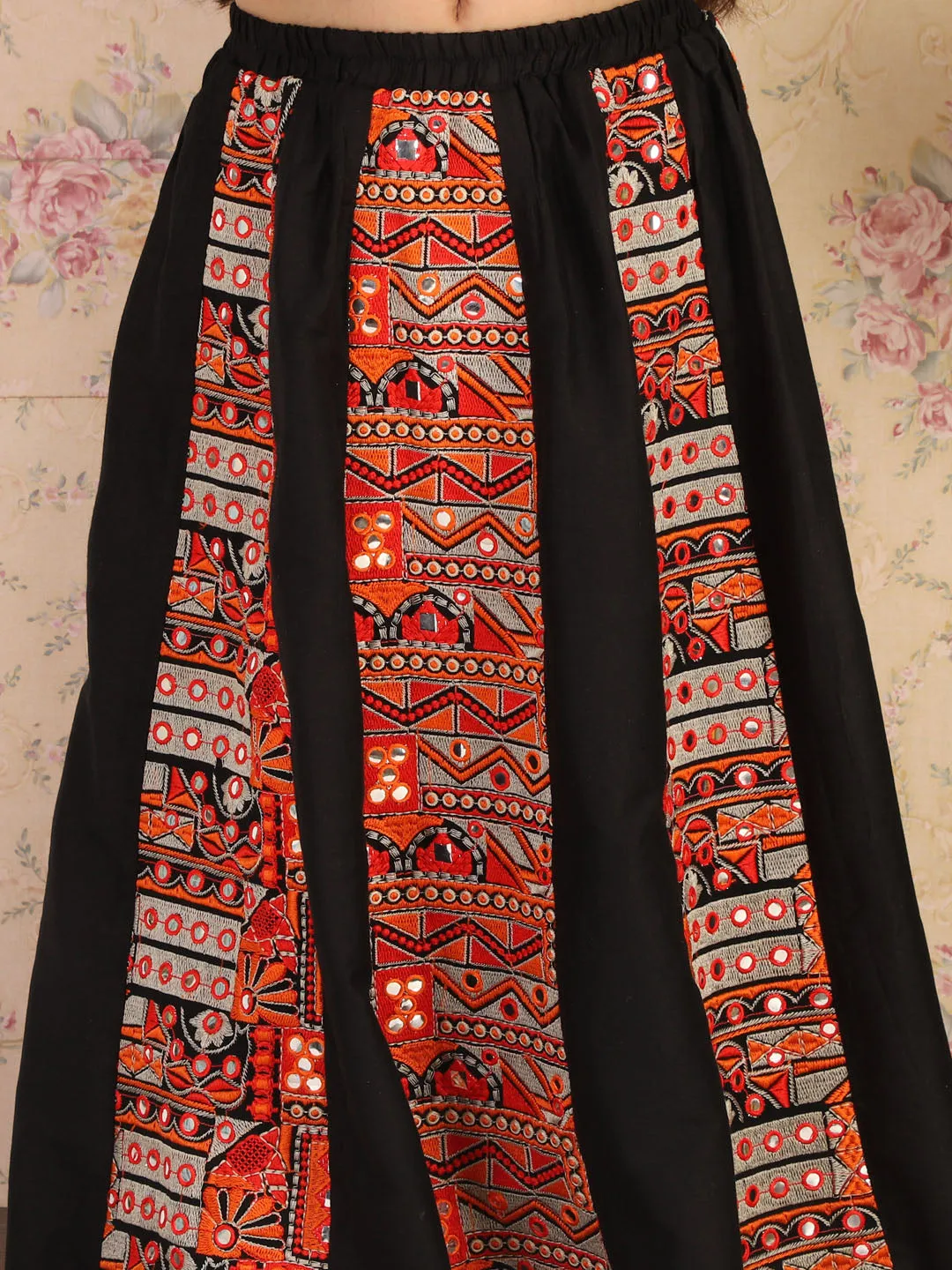 Jashvi Girl's Black Navratri Special Lehenga Set