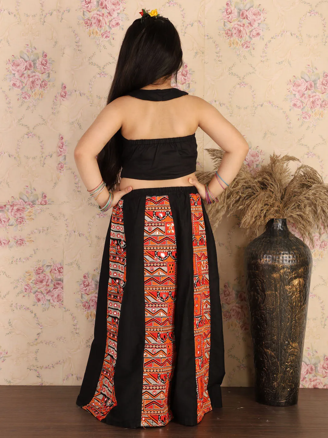 Jashvi Girl's Black Navratri Special Lehenga Set