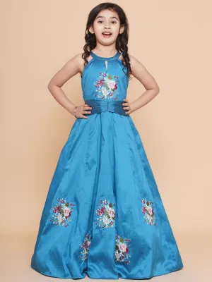Jashvi Girls Blue Embroiderd Flower Fit & Flared Maxi Dress.