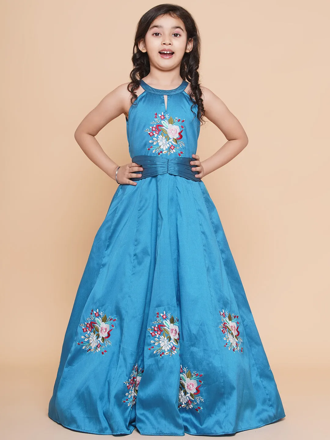 Jashvi Girls Blue Embroiderd Flower Fit & Flared Maxi Dress.