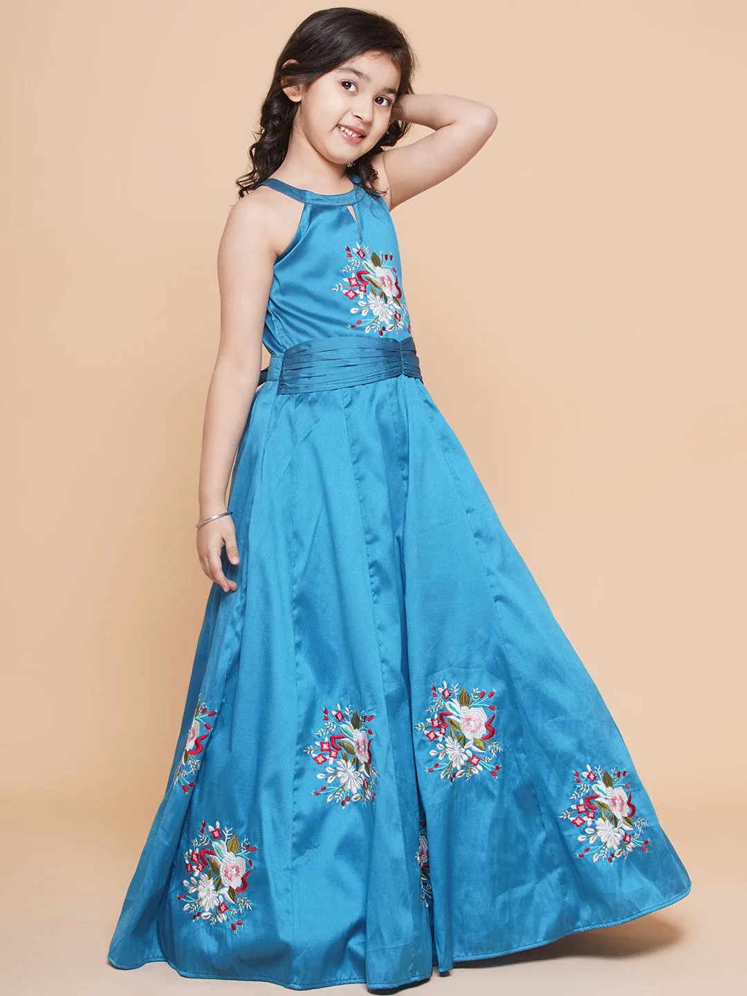 Jashvi Girls Blue Embroiderd Flower Fit & Flared Maxi Dress.
